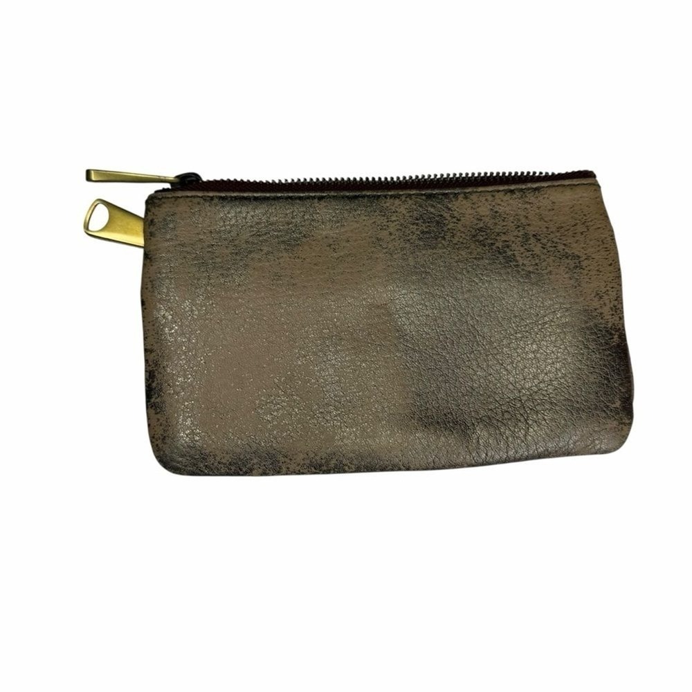 Fossil Metallic Gold Distressed Leather Bifold Wallet Brown Zip Pocket - Picture 2 of 6